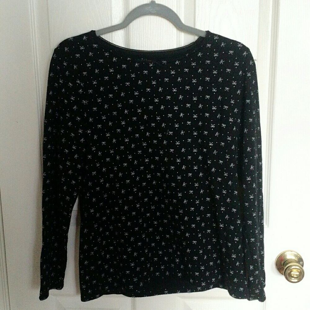 Croft & Barrow Bow Print Long Sleeve PJ Top Black